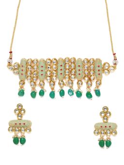 Zaveri Pearls - Gold Enamelling Stones Choker Kundan Necklace & Earring (Set of 2)