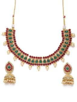 Zaveri Pearls - Green Stones South Indian Style Necklace & Earring (Set of 2)