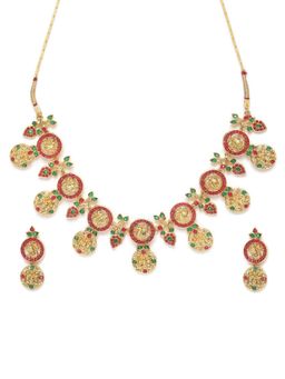 Zaveri Pearls - Multi-colour Stones Goddess Laxmi & Peacock Inspired Necklace & Earring (Set of 2)