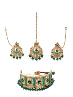 Zaveri Pearls - Green Stones & Beads Traditional Choker Necklace, Earring & Maangtikka (Set of 3)
