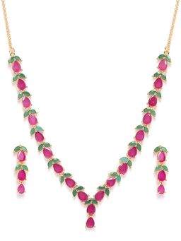 Zaveri Pearls - Pink Cubic Zirconia Necklace With Earrings (Set of 2)
