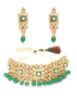 Zaveri Pearls - Green Kundan Necklace With Earrings (Set of 2)
