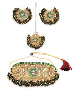 Zaveri Pearls - Gold Beads Necklace & Earrings With Maangtikka (Set of 3)