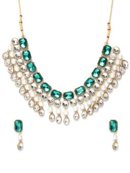 Zaveri Pearls - Green Stone Necklace With Earrings (Set of 2)