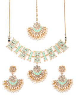 Zaveri Pearls - Green Kundan Necklace & Earrings With Maangtikka (Set of 3)