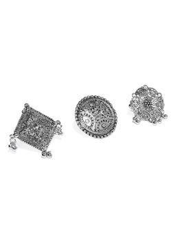 Zaveri Pearls - Combo Of 3 Antique Silver Tone Finely Detailed Finger Rings