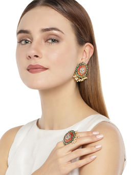 Zaveri Pearls - Gold Tone Embellished With Kundan & Meenakaari Earring & Finger Ring Set