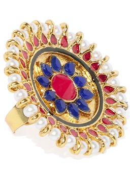 Zaveri Pearls - Gold Tone Embellished With Pearls & Meenakari Finger Ring