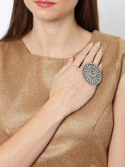 Zaveri Pearls - Antique Silver Tone Austrian Diamonds Studded Adjustable Finger Ring