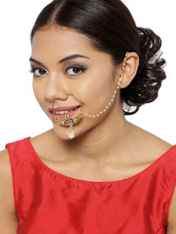Zaveri Pearls - Gold Tone Traditional Nose Ring With Pearl Chain