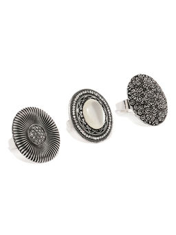 Zaveri Pearls - Combo Of 3 Antique Silver Tone Adjustable Finger Ring