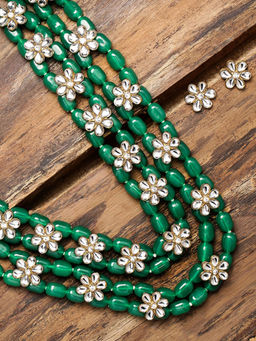 Zaveri Pearls - Green Beads & Floral Kundan Necklace Set