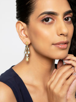 Indya - Gold Kundan Floral Stud Pearl Drop Dangler Earrings