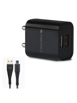 Zebronics - Zeb-MA5222 USB Charger Adapter Micro USB Cable, 2 USB Ports, for Mobile Phone (Black)