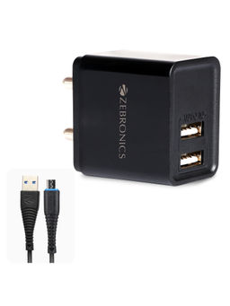 Zebronics - Zeb-MA5223 USB Charger Adapter Micro USB Cable, 2 USB Ports, Mobile Phone/Tab(Black)