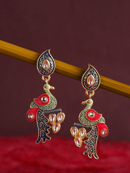 Fabula - Multi Colour Meenakari Enamel with Kundan in Peacock Design Ethnic Drop Earrings