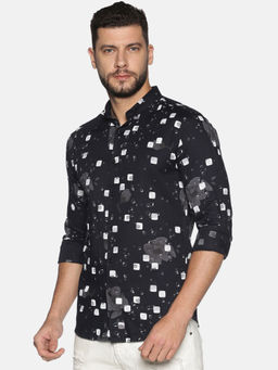 SHOWOFF - Cotton Navy Blue Geometric Printed Slim Fit Shirt