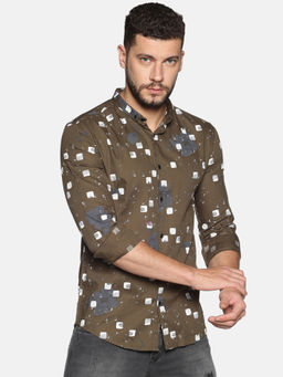 SHOWOFFFF - Cotton Green Geometric Printed Slim Fit Shirt