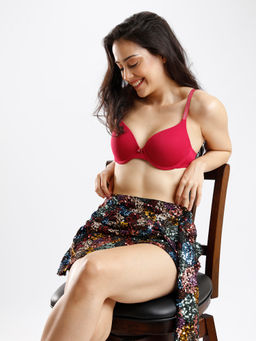 Zivame - Glitter Strap Padded Wired Push-Up T-Shirt Bra - Cerise