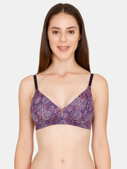 Zivame - Twilight Bloom Double Layered Wirefree Sweet Heart Neck Floral Print T-Shirt Bra - Purple