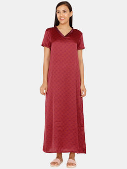 Zivame - Plum Sangria Poly Satin Full Length Night Dress - Brown