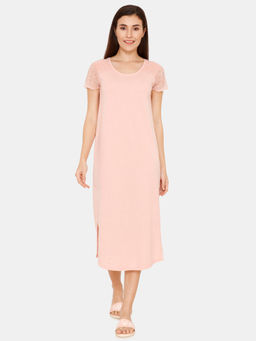 Zivame - Guipure Poly Knit Cotton Mid-Calf Length Night Dress - Peach