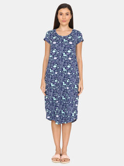 Zivame - Fun & Frolic Poly Knit Mid-Calf Length Night Dress - Blue
