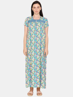 Zivame - Pretty Floral Rayon Full Length Nightdress - Crystal Seas