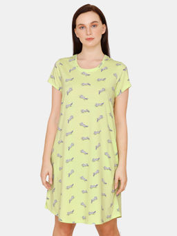 Zivame - My Besties Cotton Knee Length Nightdress-shadow Lime - Yellow