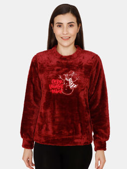 Zivame - Fluffy Fur Knit Hoodie Sweatshirt - Pomegranate