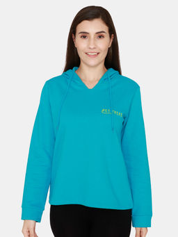 Zivame - Fleece Marl Knit Cotton Hoodie With Soft Brushed Back - Enamel Blue