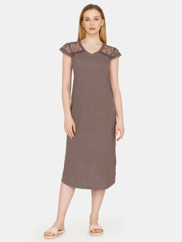 Zivame - Spring Love Poly Viscose Mid Length Night Dress - Brown