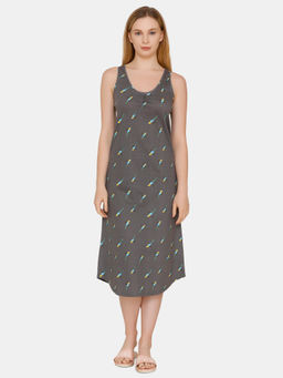 Zivame - Tropical Animal Print Cotton Knit Mid Length Nightdress - Grey