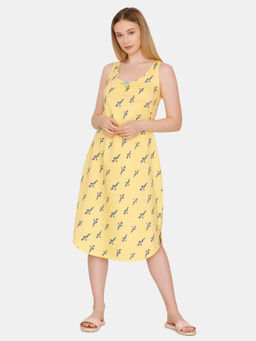 Zivame - Tropical Animal Print Cotton Knit Mid Length Nightdress - Yellow