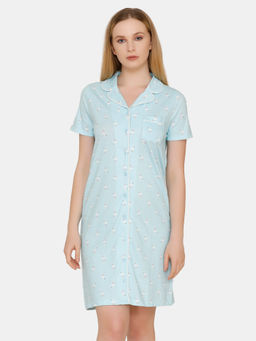 Zivame - Tropical Animal Print Knit Short Length Cotton Knit Nightdress - Blue