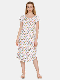 Zivame - Tropical Animal Print Cotton Knit Mid Length Nightdress - White