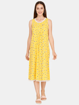 Zivame - Summer Chintz A-Line Floral Print Pleated Lace Mid Length Night Dress - Yellow