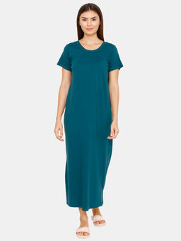Zivame - Dark Blooms Knit Cotton Full Length Nightdress - Olive Green