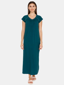 Zivame - Dark Blooms Cotton Full Length Nightdress - Teal Green