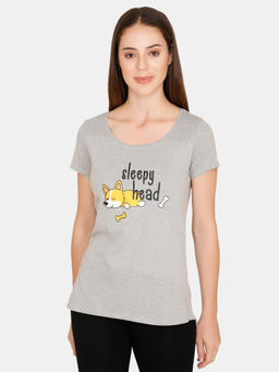 Zivame - Paws Printed Knit Cotton Sleep Top - Charcoal Grey