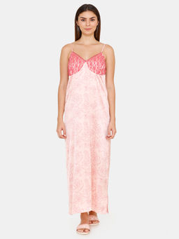 Zivame - Floral Fantasy Satin & Silk Full Length Nightdress - Pink