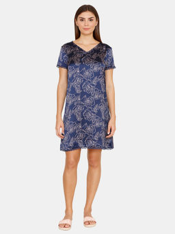 Zivame - Floral Fantasy Satin & Silk Short Length Night Dress - Navy