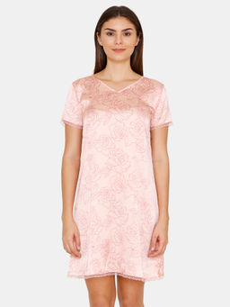 Zivame - Floral Fantasy Satin & Silk Short Length Night Dress - Pink