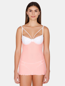 Zivame - Padded Wired Lace N Mesh Babydoll With Thong - Peach