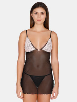Zivame - Lace N Mesh Babydoll With Thong - Black