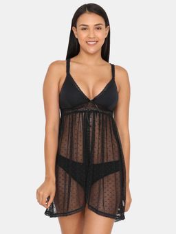 Zivame - Lace N Mesh Baby Doll With In-Built Cups And Thongs - Anthracite