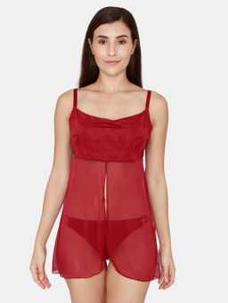 Zivame - Jacquard Scrolls Babydoll With Thong - Rhododendron