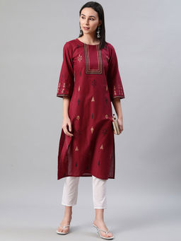 Ziyaa - Women Red Colour Foil Print Straight Kurta