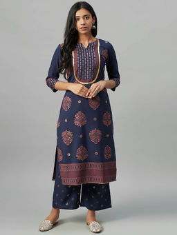 Ziyaa - Navy Blue Crepe Foil Printed Straight Kurta