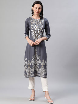 Ziyaa - Women Grey Colour Foil Print Straight Kurta